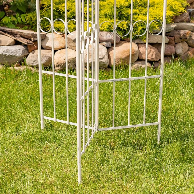 Zaer Ltd. Metal Garden Arch Trellis 7.7ft Tall Three-Panel Design with Fleur-de-lis 25 x 25 x 92.5 inches (Antique White)