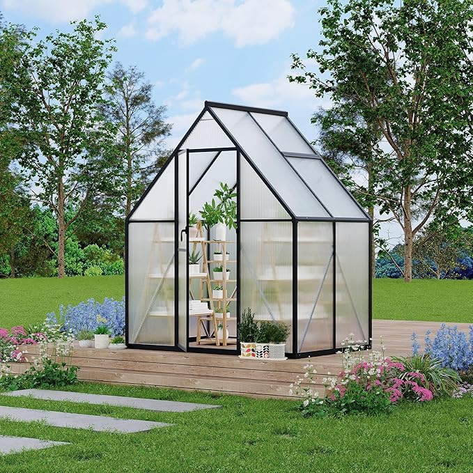 6X4 ft Polycarbonate Greenhouse with Aluminum Frame Polycarbonate Greenhouse for Outdoors Greenhouses with Ventilation and Rain Gutter Aluminum Large Walk-in Greenhouses for Outside