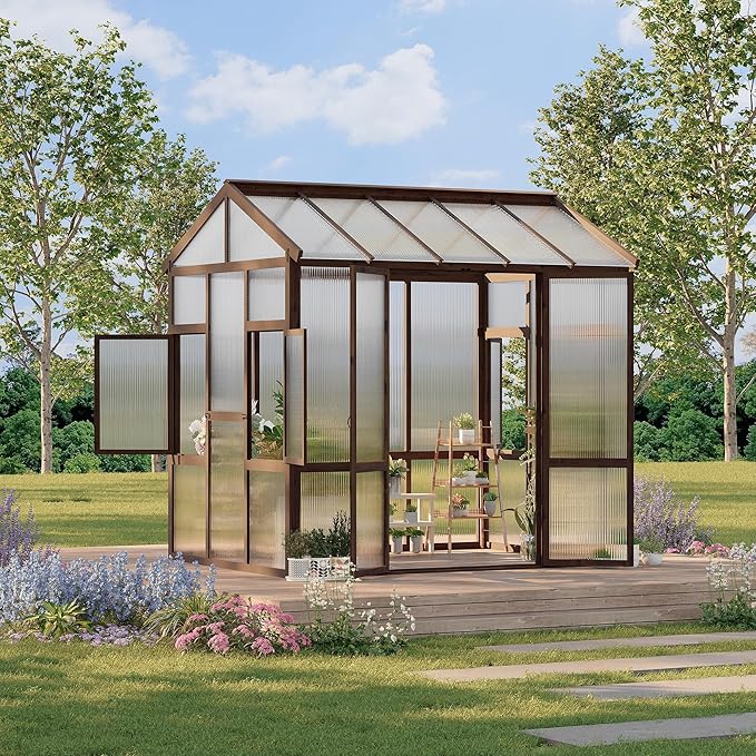 6x8 ft Wooden Greenhouse for Outdoor - Heavy Duty Walk-in Green House Kit with 6 mm PolycarbonateVentilated Window &amp Lockable Door for BackyardPatioLawn