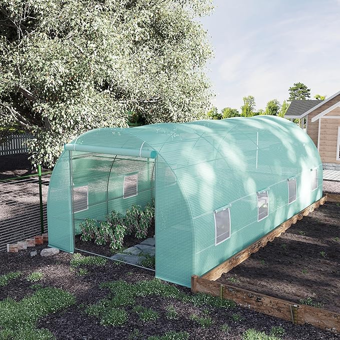 【LuckyNote】 20' x 10' x 7' Walk-in Tunnel Greenhouse Garden Warm House Large Hot House Kit with 8 Roll-up Windows &amp Roll Up Door Steel Frame Green