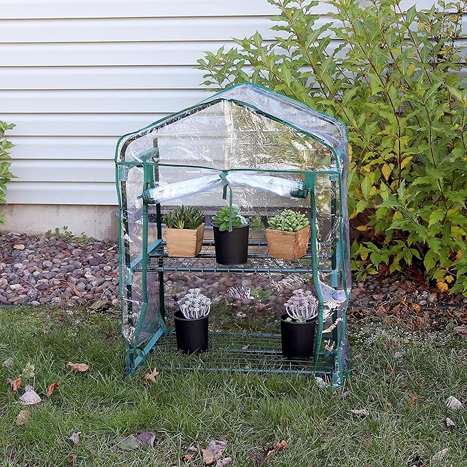 Sunnydaze Outdoor Portable 2-Tier Mini Greenhouse with Roll-up Zippered Door and Steel Wire Shelves - Clear