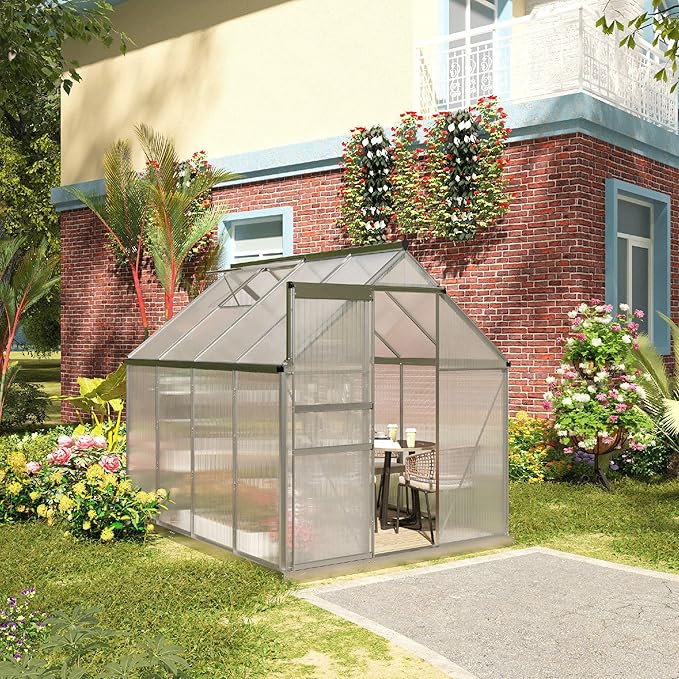 Outsunny 6' x 8' x 6.5' Polycarbonate Greenhouse with Adjustable Roof Vent Walk-in Heavy Duty Green House Kit with Aluminum Frame Sliding Door and Rain Gutter for Winter Silver