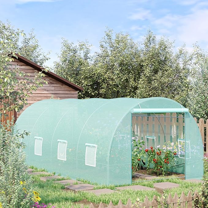 【LuckyNote】 20' x 10' x 7' Walk-in Tunnel Greenhouse Garden Warm House Large Hot House Kit with 8 Roll-up Windows &amp Roll Up Door Steel Frame Green