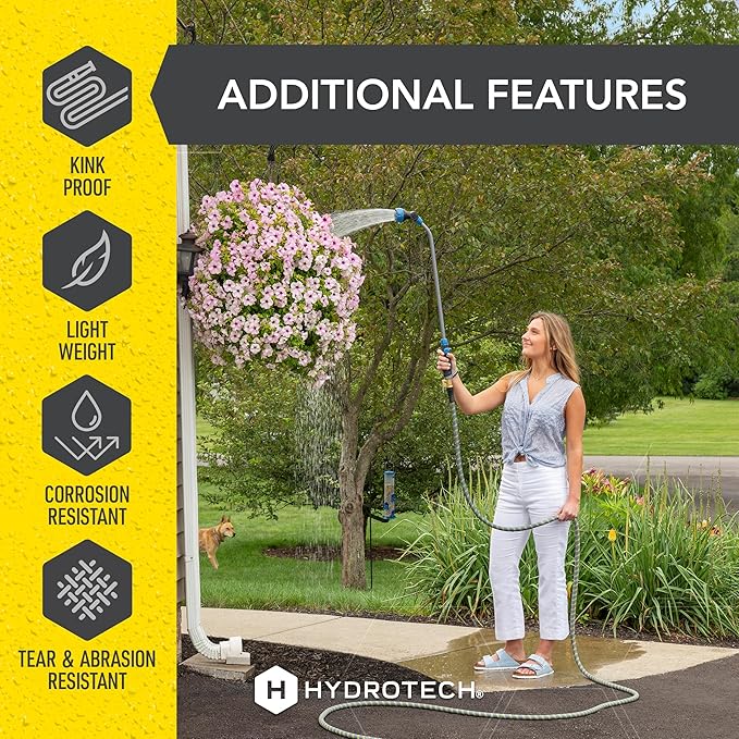 HydroTech 100 ft Expandable Garden Hose with Patented Force Control Technology - 5/8 No-Kink Flexibility Lightweight Hose for Lawn Garden Car Washing Deck and Patio Cleaning