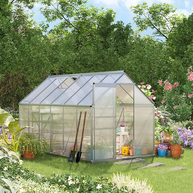 Outsunny 6' x 12' x 6.5' Polycarbonate Greenhouse with Adjustable Roof Vent Walk-in Heavy Duty Green House Kit with Aluminum Frame Sliding Door and Rain Gutter for Winter Silver