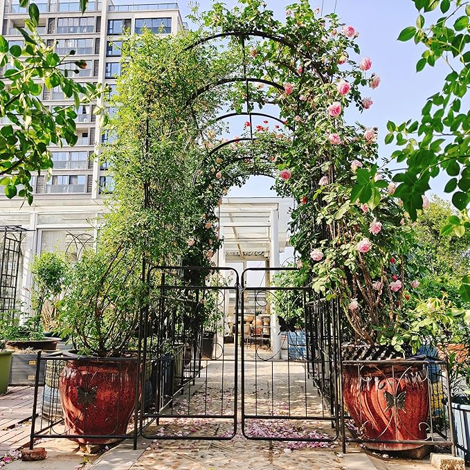 86''H Metal Garden Arch Rustproof Garden Arbor Trellis with Two Plants Stand and Gate 0.63'' Dia Galvanized Tube Plant Trellis for Climbing Plants Rose Jasmine (Black)