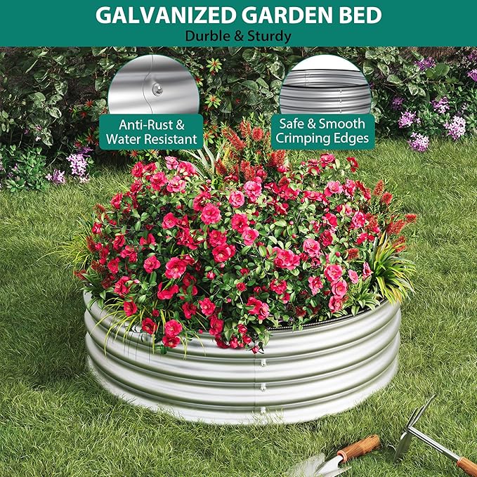 2 x 1FT Round Galvanized Raised Garden Bed – Metal Planter Box Kit with Rust &amp Corrosion Protection Safe Rubber Edge Open Bottom Design – Easy Assembly for Vegetables Flowers Fruits