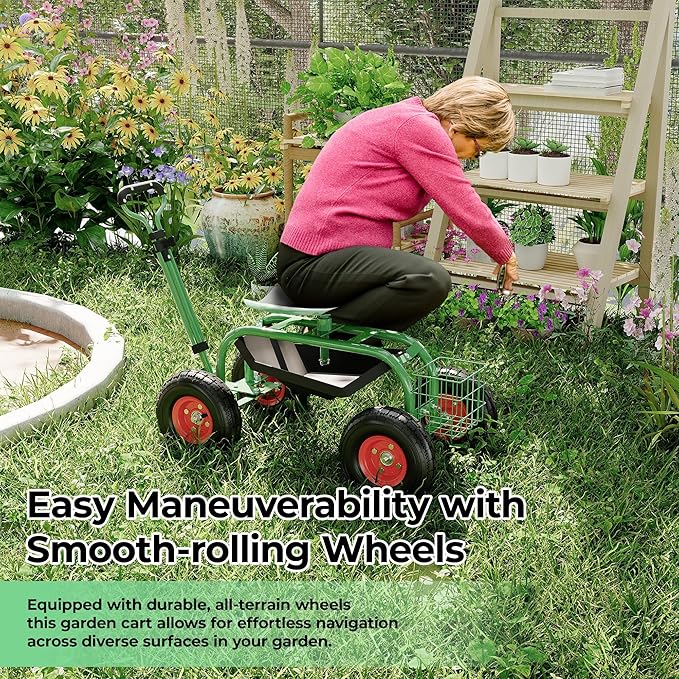 Garden Scooter Rolling Work Seat 360° Swivel Heavy Duty Garden Cart with 10-Inch All-Terrain Tires Extendable Steering Handle &amp Metal Tool Tray for Planting Weeding Yard Work Green