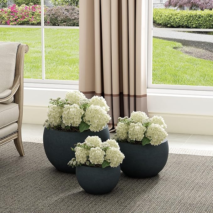 Kante 19.915.711.8 Dia Round Concrete Planter Set of 3 Outdoor/Indoor Large Bowl Plant Pots with Drainage Hole and Rubber Plug for Garden Patio Balcony Home Dark Gray