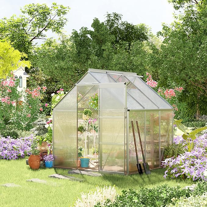 Outsunny 6' x 6' Hobby Greenhouse Walk-in Polycarbonate Hot House Kit with Aluminum Frame Sliding Door Roof Vent Silver