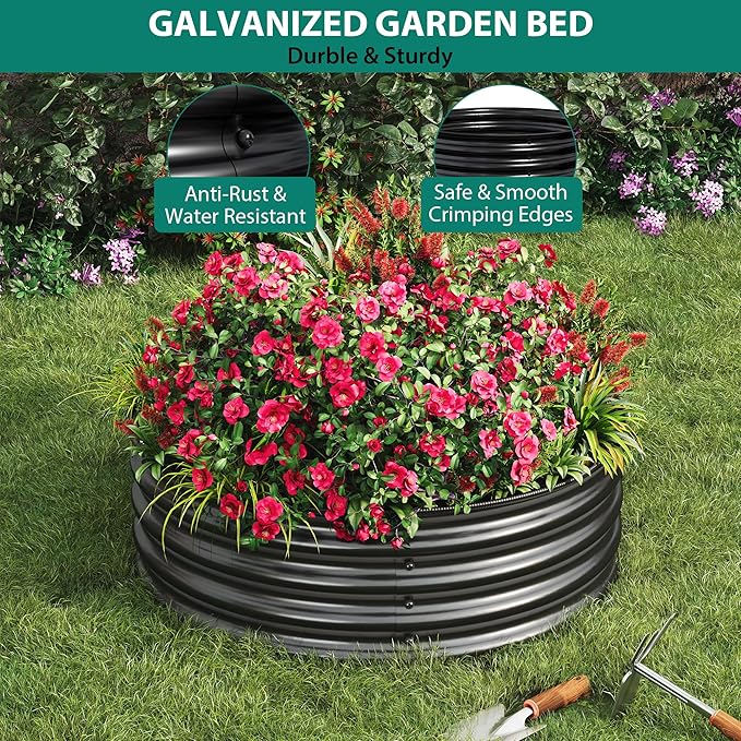 2 x 1FT Round Galvanized Raised Garden Bed – Metal Planter Box Kit with Rust &amp Corrosion Protection Safe Rubber Edge Open Bottom Design – Easy Assembly for Vegetables Flowers Fruits