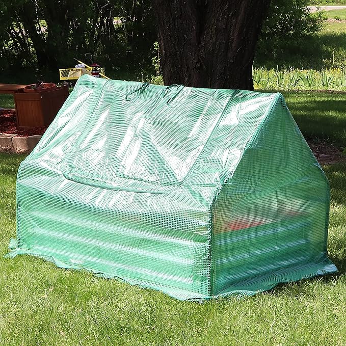 Sunnydaze Steel Raised Garden Bed with Mini Greenhouse - Outdoor Greenhouse Kit - 2 Zippered Doors - Green - 4' x 3'