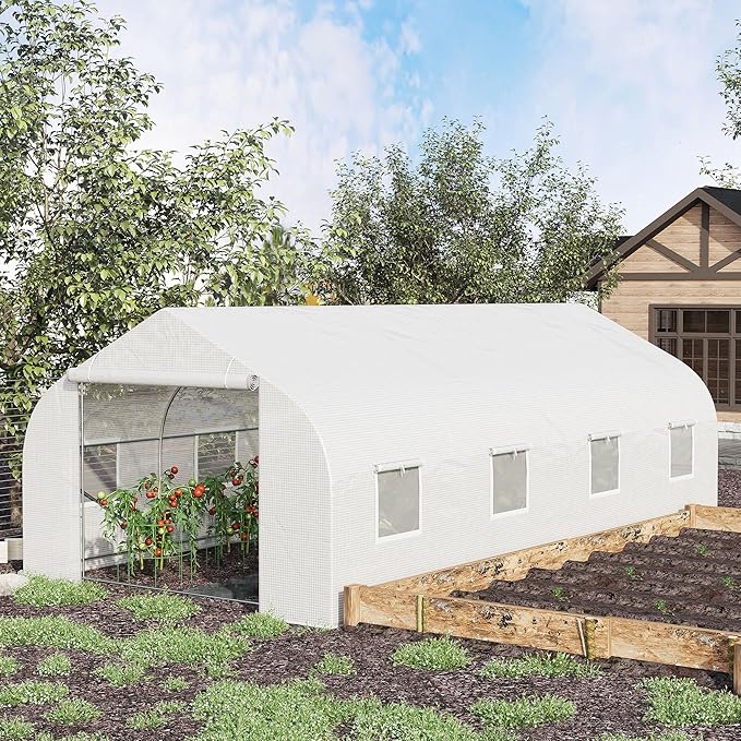 Outsunny 20' x 10' x 7' Tunnel Greenhouse Large Walk-in Warm House Deluxe High GardenHot House with 8 Roll Up Windows &amp Roll Up Door Steel Frame White