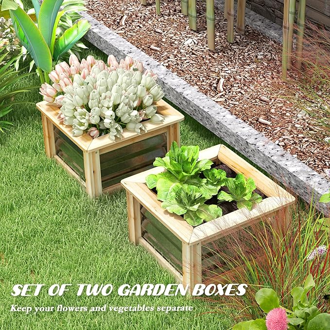 Outsunny Raised Garden Bed Set of 2 Stock Tanks for Growing Flowers Galvanized Metal Reinforced with Wood Planters for Outdoor Plants Herbs and Vegetables