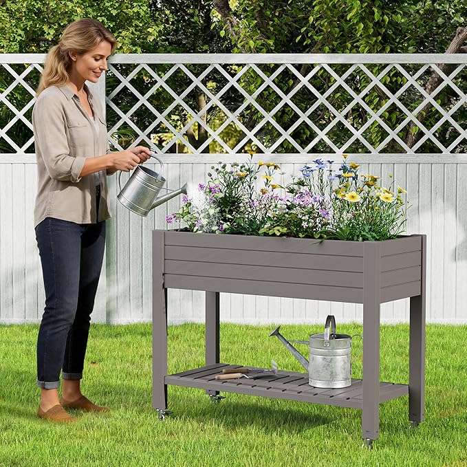 Raised Garden Bed with Wheels Divisible Resin Planter Box with Drainage Gauge &amp Storage Shelf Herb Planter for Garden Patio Backyard Gray (33.7 h)