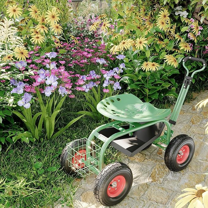 Garden Cart Rolling Workseat with Wheels Gardening Stool with 360° Swivel Seat Steering Handle &amp Large Utility Tool Tray for Planting Weeding Lawn Care