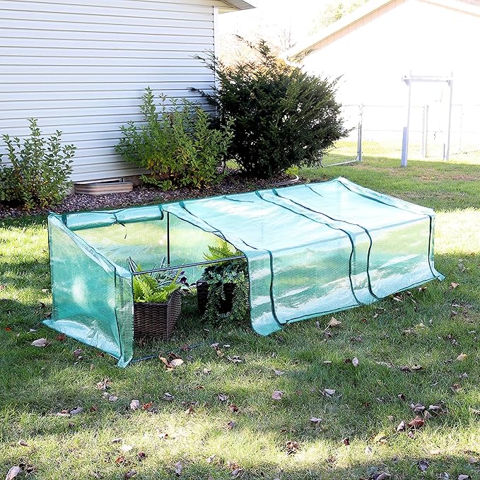 Sunnydaze Outdoor Portable Mini Cloche Greenhouse with 3 Zipper Doors and Slanted Top - Green