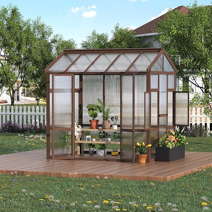 6x8 ft Wooden Greenhouse for Outdoor - Heavy Duty Walk-in Green House Kit with 6 mm PolycarbonateVentilated Window &amp Lockable Door for BackyardPatioLawn