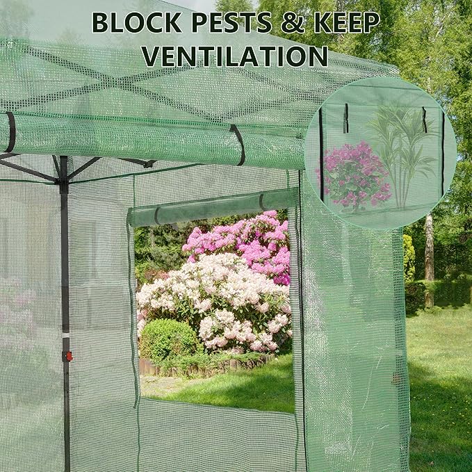 GDY 8X8FT Instant Pop-up Greenhouse Walk-in Plant Gardening Green House with PE Cover/Roll-Up Zipper Doors/Side Windows for Indoor Backyard and Outside Green/Clear.