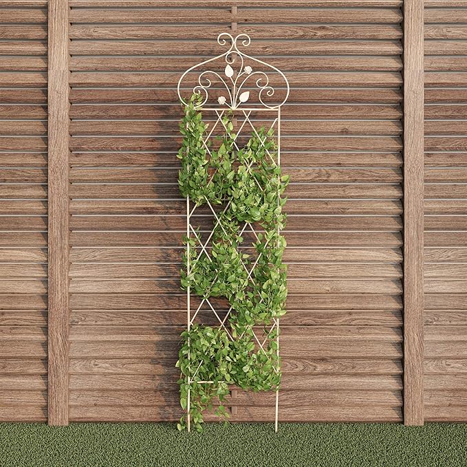 Garden Trellis- for Climbing Plants- 63 Decorative Lattice Metal Panel- for Vines Roses Vegetable Plants &amp Flowers by Pure Garden (Antique White)