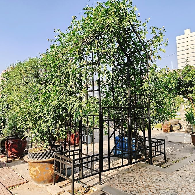 Metal Garden Arch Trellis for Climbing Plants Adjustable Width Outdoor Rose Arbor with Flat Top Ceremony Decoration Archway with Planter for Wedding Events Lawn Patio Decor
