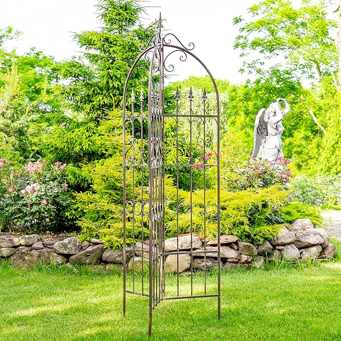 Zaer Ltd. Metal Garden Arch Trellis 7.7ft Tall Three-Panel Design with Fleur-de-lis 25 x 25 x 92.5 inches (Antique Bronze)