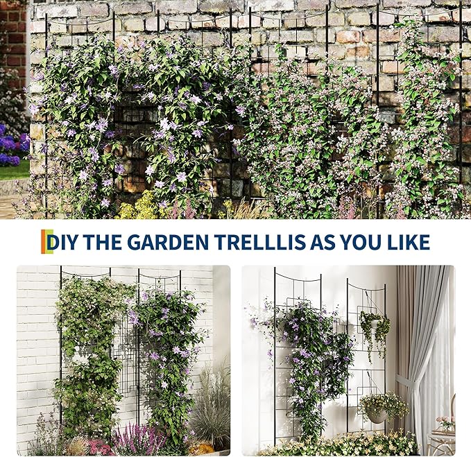 5.5 FT Black Metal Garden Trellis (51 x 66) – Rustproof Large Arch Trellis for Climbing Roses Vegetables Vines &amp Flowers – Outdoor Plant Support &amp Privacy Screen 4 PCS