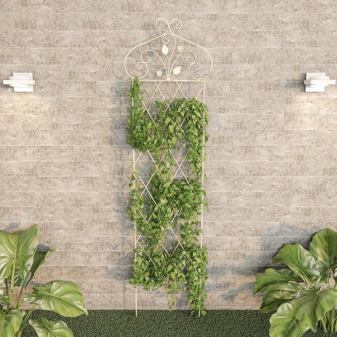 Garden Trellis- for Climbing Plants- 63 Decorative Lattice Metal Panel- for Vines Roses Vegetable Plants &amp Flowers by Pure Garden (Antique White)
