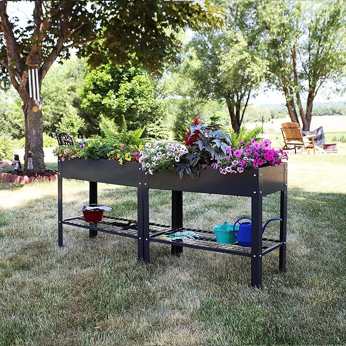 Sunnydaze Galvanized Steel Raised Garden Bed - Set of 2 Elevated Planter Boxes - Individual or Connected Use - Features Lower Storage Shelf – Dark Gray
