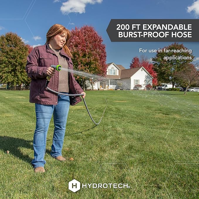 HydroTech 5/8 200 ft Expandable Garden Hose - Flexible Lightweight Durable and Burst-Proof Hose with Reinforced Latex Core and Solid Brass Fittings - Great for Lawn Care Garden and Car Washing