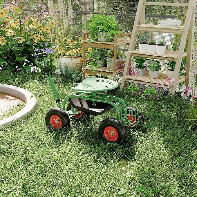 Garden Scooter Rolling Work Seat 360° Swivel Heavy Duty Garden Cart with 10-Inch All-Terrain Tires Extendable Steering Handle &amp Metal Tool Tray for Planting Weeding Yard Work Green