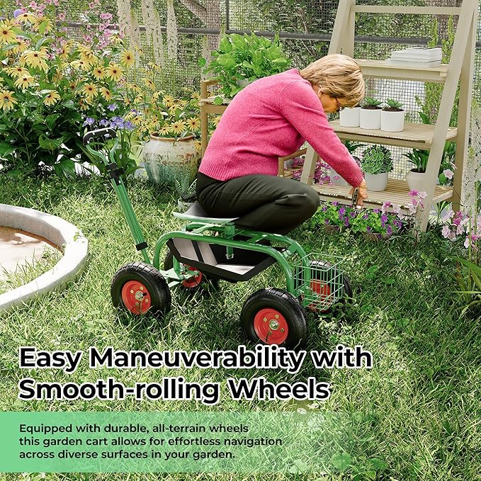 Heavy-Duty Rolling Garden Cart with Swivel Seat &amp Tool Tray – Ergonomic 360° Mobile Gardening Stool for Planting Weeding and Yard Work – All-Terrain Wheels Adjustable Height Durable Steel Fram