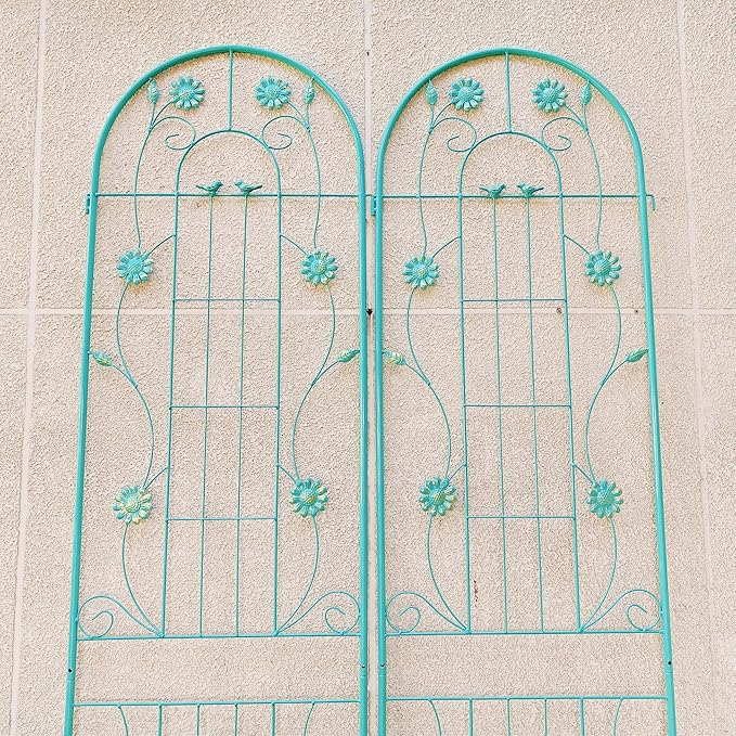 Metal Garden Trellis for Climbing Plants (2-Pack) – 86.7'' Tall x 19.7'' Wide Rustproof Design with Decorative Bird+Flower Accents | Perfect for Cucumbers Beans Vegetable Support (Green)