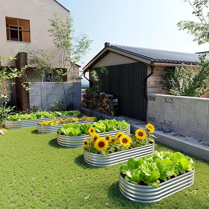 2PCS 12x4x1FT Galvanized Raised Garden Bed KitVegetable Boxes-Oval Metal Flower BoxLarge Planter Raised Beds Outdoor Garden for PlantingFruitHerb-Silver