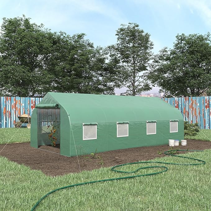 Outsunny 20' x 10' x 7' Walk-in Greenhouse Tunnel Green House with Zippered Mesh Door and 6 Mesh Windows Gardening Plant Hot House with Galvanized Steel Frame Green