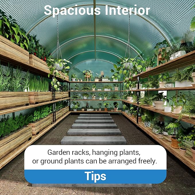 6.5 ft x 15 ft Heavy Duty Walk-in Greenhouse for Outdoor Gardening Plant Growth with Galvanized Steel Frame Green PE Cover Roll-Up Door &amp 8 Vent Windows for Year-Round Gardening