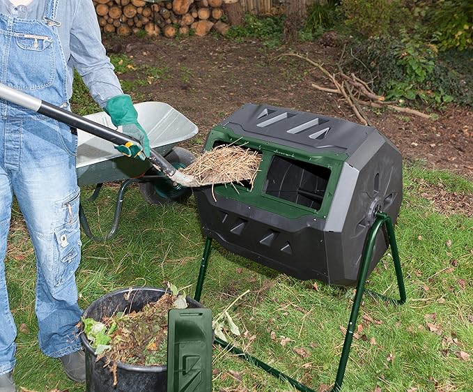 Exaco Trading Company Exaco Mr.Spin Compost Tumbler - 160 Liters / 43 Gallon Dual Chamber Composter On Two-Leg StandGreen/Black