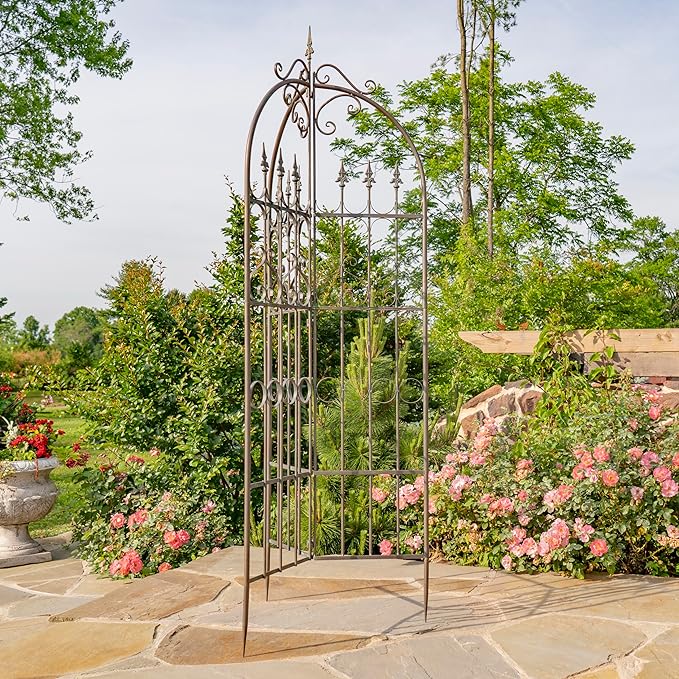 Zaer Ltd. Metal Garden Arch Trellis 7.7ft Tall Three-Panel Design with Fleur-de-lis 25 x 25 x 92.5 inches (Antique Bronze)