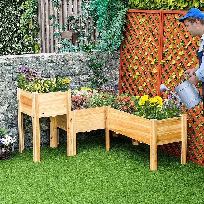 Raised Garden Bed Set of 3 Wooden Elevated Planter Box with Legs and Bed Liner for Backyard and Patio to Grow Vegetables Herbs and Flowers Natural