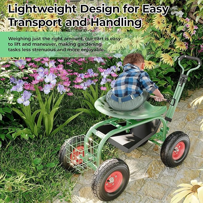 CuisinSmart Garden Cart with Seat on Wheels Rolling Gardening Stool with 360° Swivel Seat Steering Handle &amp Large Utility Tool Tray for Planting Weeding Lawn Care