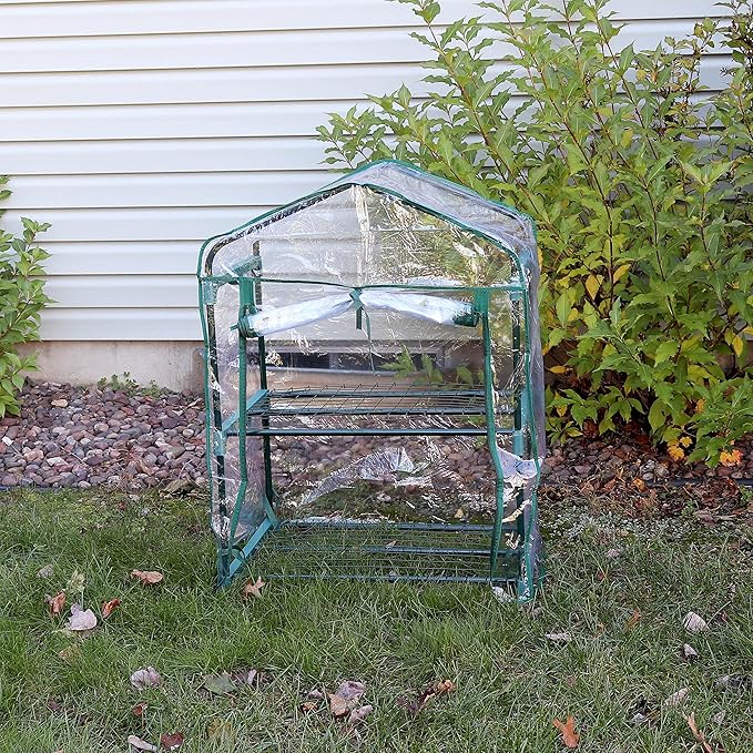 Sunnydaze Outdoor Portable 2-Tier Mini Greenhouse with Roll-up Zippered Door and Steel Wire Shelves - Clear