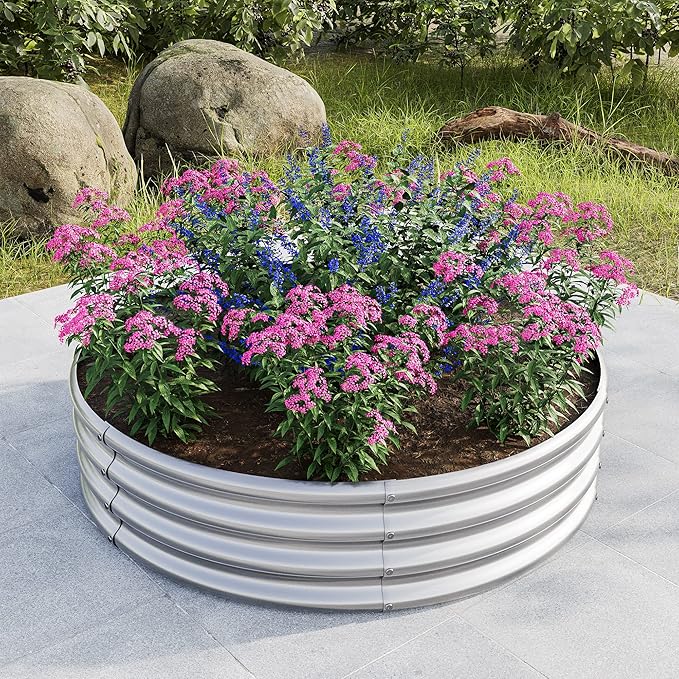 47.24 * 11.4 Tall Round Raised Garedn BedMetal Raised Beds for Vegetables Outdoor Garden Raised Planter Box Backyard Patio Planter Raised Beds for Flowers Herbs Fruits Silver