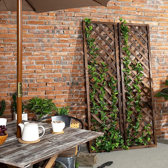 MyGift Wood Trellis Wall Hanging Large Garden Trellis for Climbing Plants Outdoor Brown Lattice Panels for Outside Set of 2