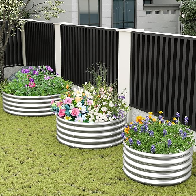 2PCS 2x2x1ft Galvanized Raised Garden Bed Kit-Round Garden Bed Outdoor Planter Box for VegetablesFlowersHerbsEasy AssemblySilver