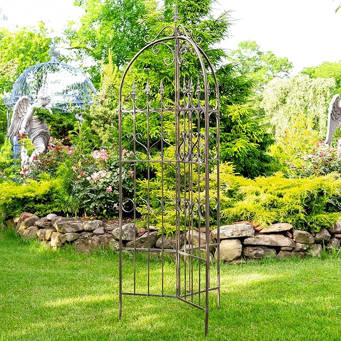 Zaer Ltd. Metal Garden Arch Trellis 7.7ft Tall Three-Panel Design with Fleur-de-lis 25 x 25 x 92.5 inches (Antique Bronze)