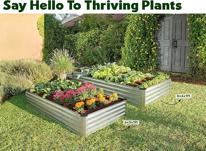 Plant &amp Plot Galvanized Raised Garden Beds Outdoor // 8×4×1 ft Planter Raised Beds for Gardening Vegetables Flowers (Silver) // Large Metal Garden Box // Patented Tool-Free Design