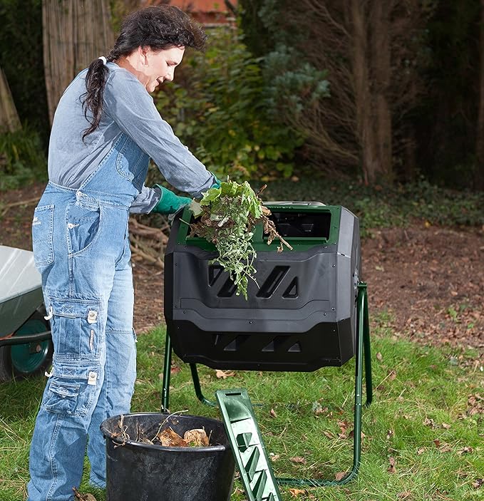 Exaco Trading Company Exaco Mr.Spin Compost Tumbler - 160 Liters / 43 Gallon Dual Chamber Composter On Two-Leg StandGreen/Black