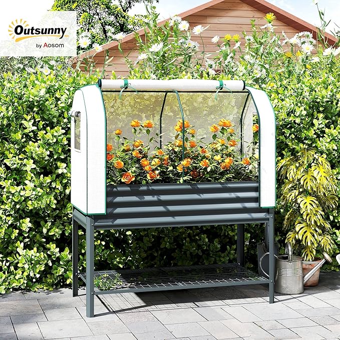 Outsunny Galvanised Raised Garden Bed with Greenhouse Cover Metal Elevated Garden Bed with Legs Bed Liner and Bottom Shelf Outdoor Raised Planter Box for Vegetables Herbs Flowers Dark Gray