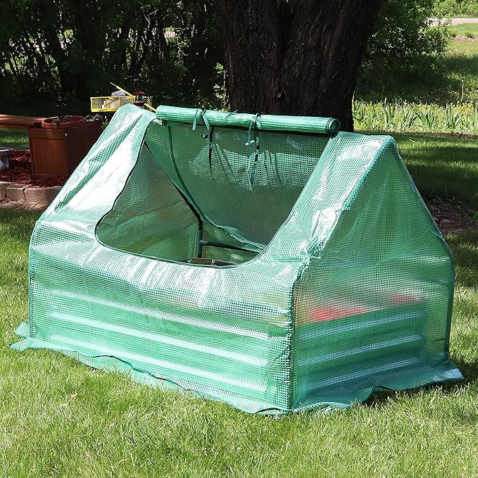 Sunnydaze Steel Raised Garden Bed with Mini Greenhouse - Outdoor Greenhouse Kit - 2 Zippered Doors - Green - 4' x 3'