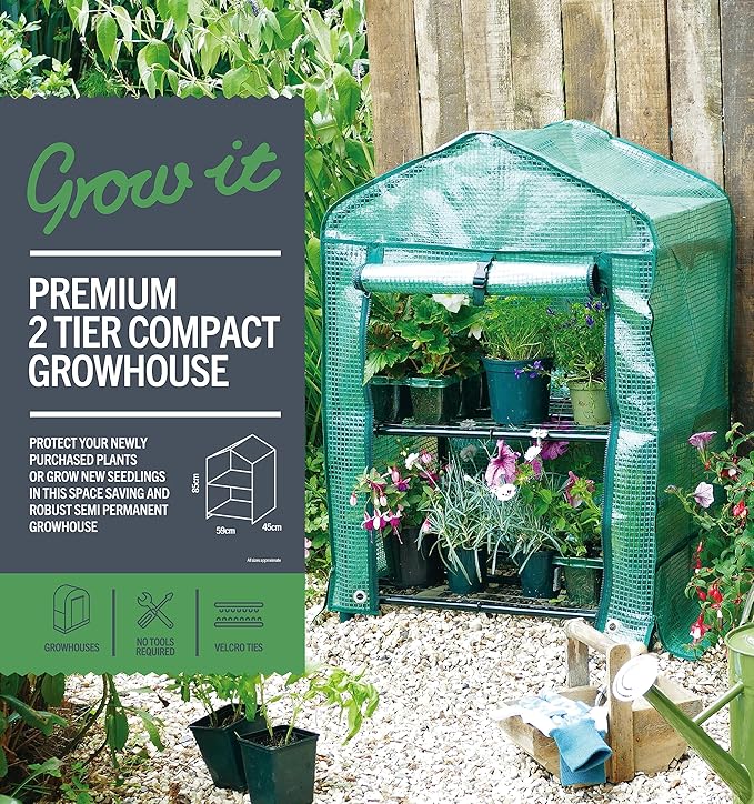 KINZZY Premium 2 Tier Portable mini Greenhouse with Heavy Duty PE Cover Plus Reinforced Shelving Within 33 lbs Weight Capacity 23 X 18 X 34 Inch